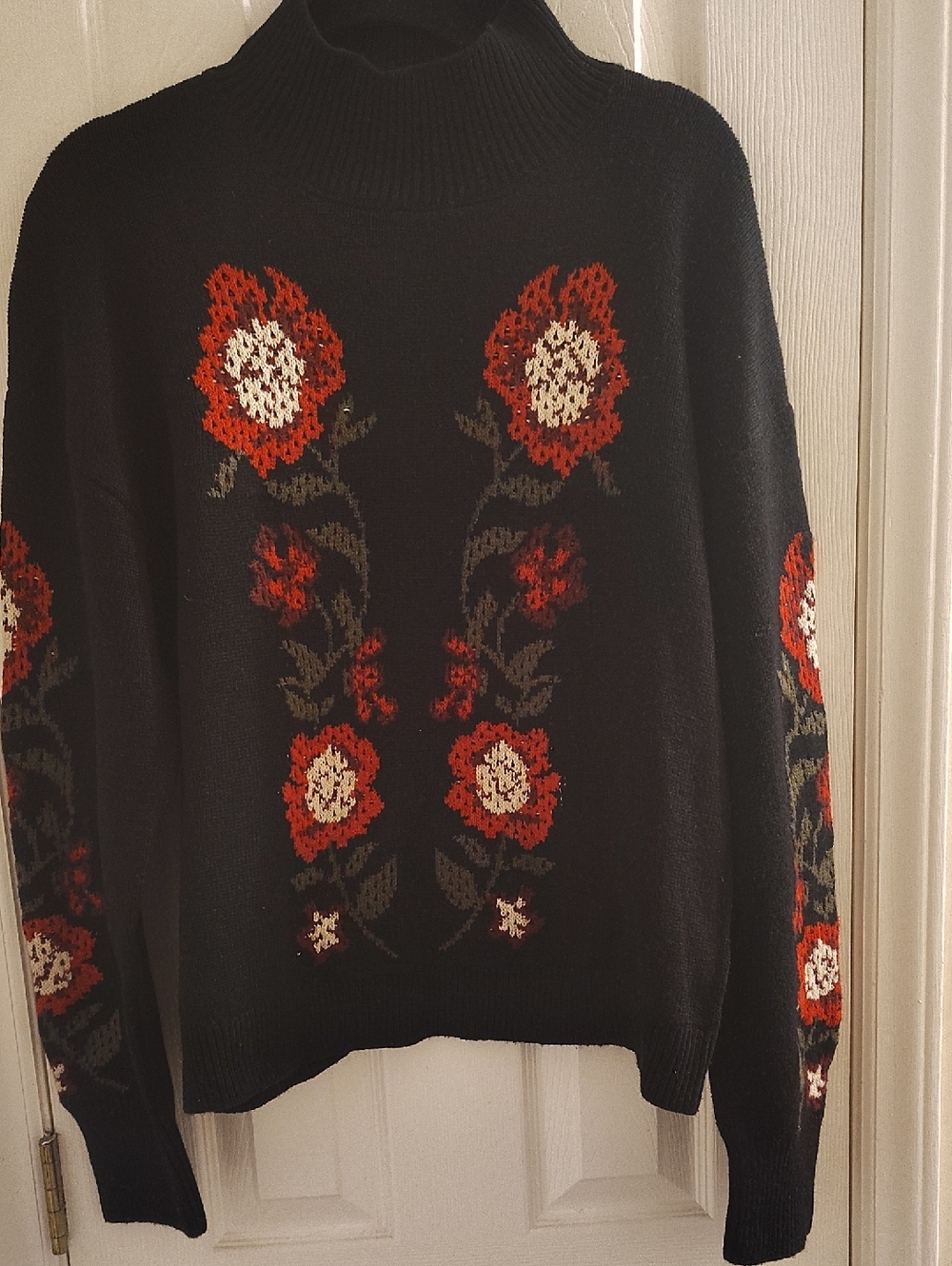 Wonderly Black Turtleneck Sweater with Red & Cream Floral Motif